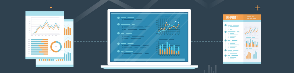 Laptop with documents and report. Information with graphs and graphs on the screen. Financial Auditing reporting. Audit, research, accounting, analysis concept. Web and online mobile service. Vector