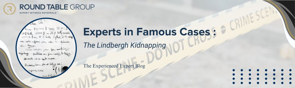 Ransom note in Lindbergh case with crime scene tape in background.